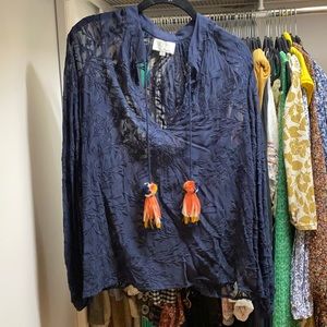 Johnny Was navy blue silk embroidered top